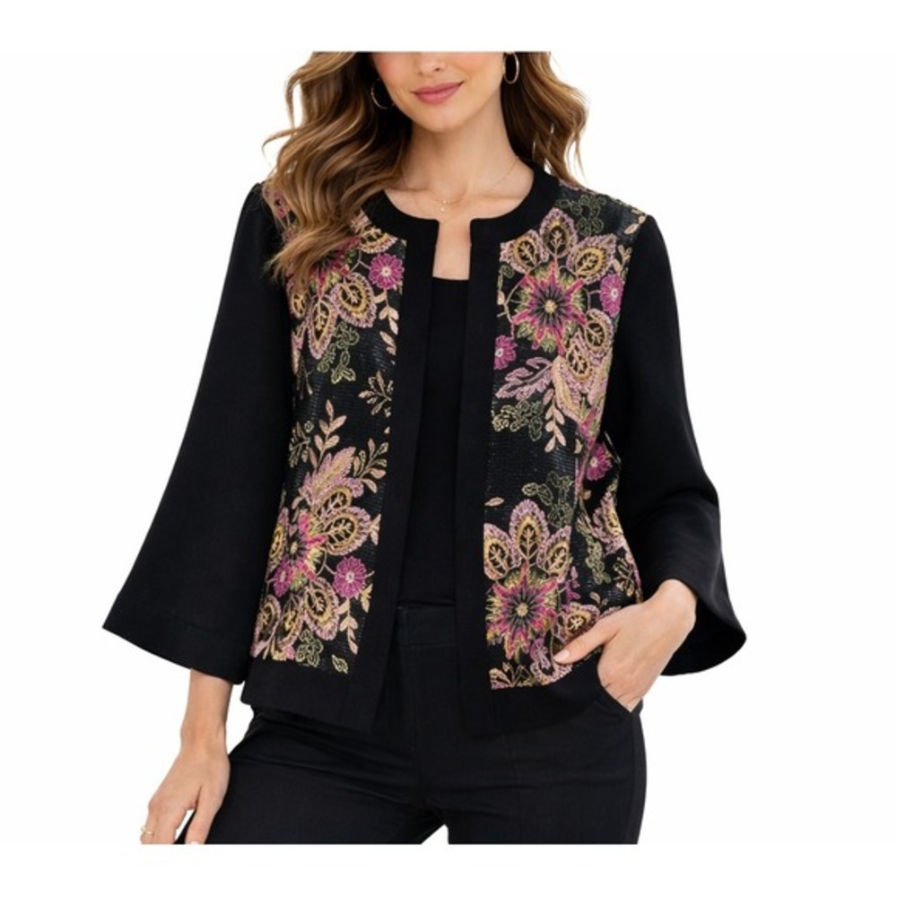 Tahari Arthur S Levine Cropped Embroidered Jacket Women‎ Sz 14 Black Pink Floral